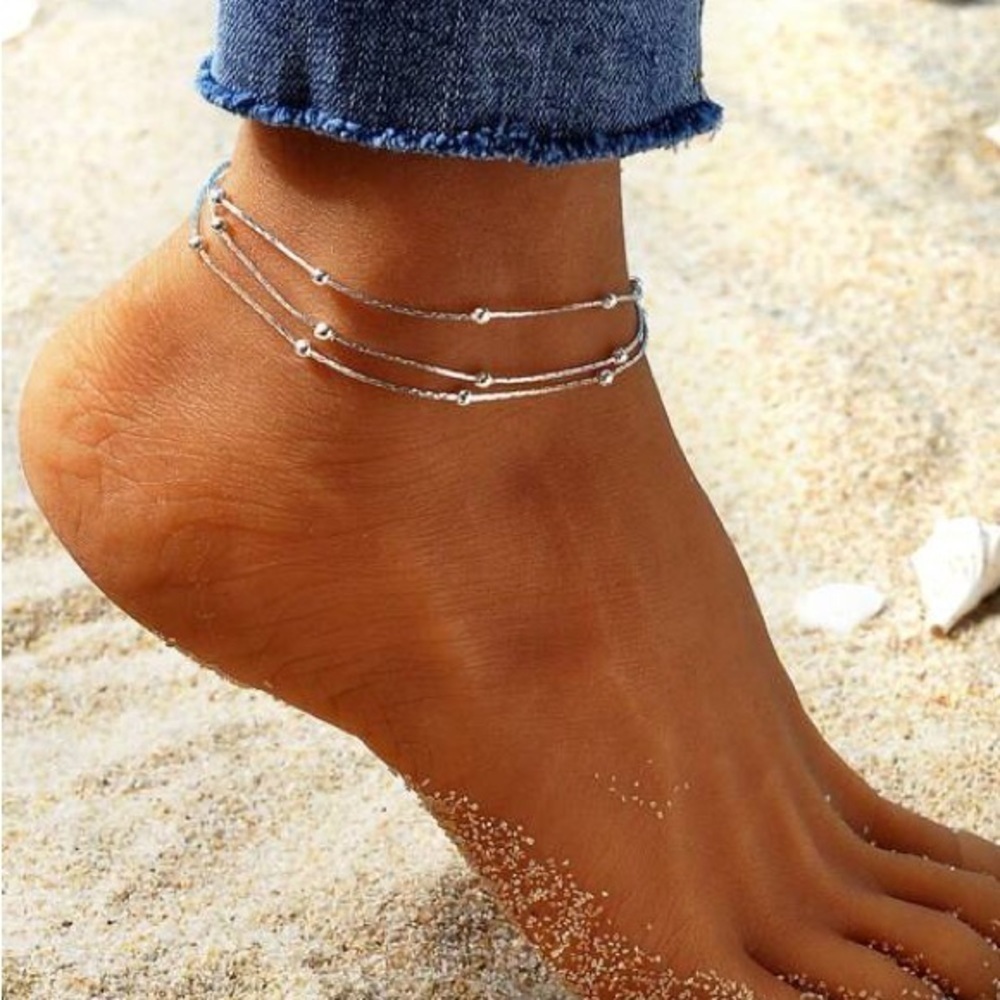 Beaded Layered Silver Tone Fashion Anklet AN03